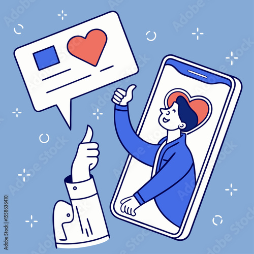Person giving thumbs up from phone with heart and speech bubble on a light blue background design