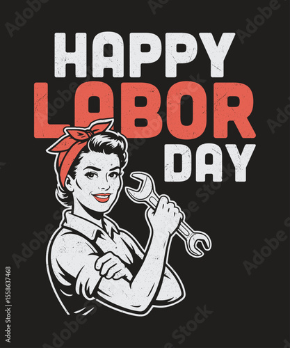 Happy Labor Day Strong Woman Rosie Pose Retro USA Graphic, Empowerment Illustration for Shirts and Posters