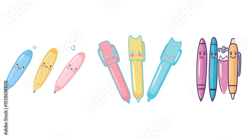Cute Kawaii Style Education Pens Vector Graphic Design Featuring Colorful School Supplies, Adorable Stationery Icons, and Fun Learning Tools for Kids and Students