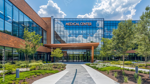 Modern medical center building with landscaped entrance and sidewalk