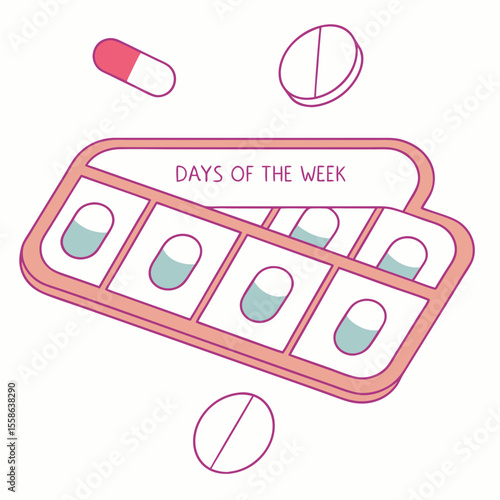 Illustration of a pill organizer labeled days of the week with pills and capsules around it on white background
