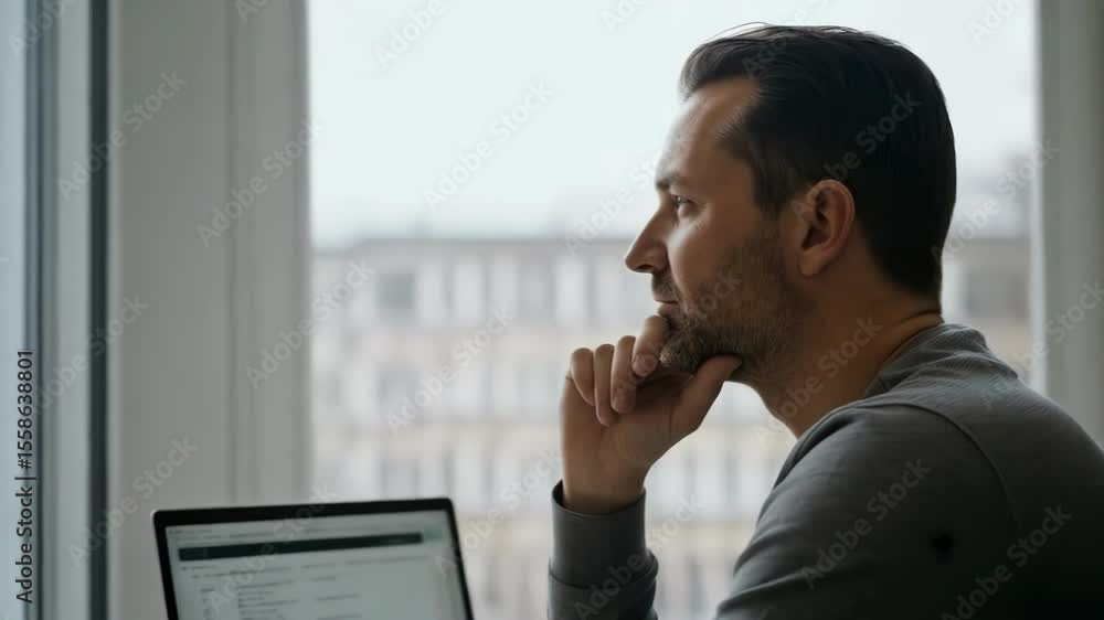 Man sits at desk with laptop looking thoughtfully out the window in office Man sits at desk with laptop looking thoughtfully out the window in office