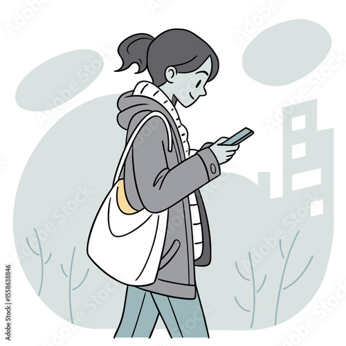 A woman with ponytail wearing a hoodie and carrying a tote bag looks at her phone while walking outside