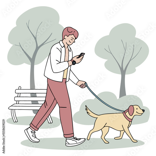 A man walking a dog in a park while looking at his phone with trees and a bench in the background