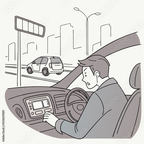 A man driving a car in the city looks shocked while another car passes by a street sign post near him