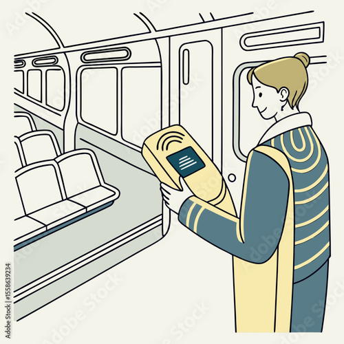 Woman using a payment terminal in a train car with empty seats and windows in the background illustration