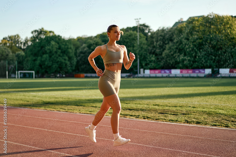 Obraz premium Sporty woman running on track field in evening light