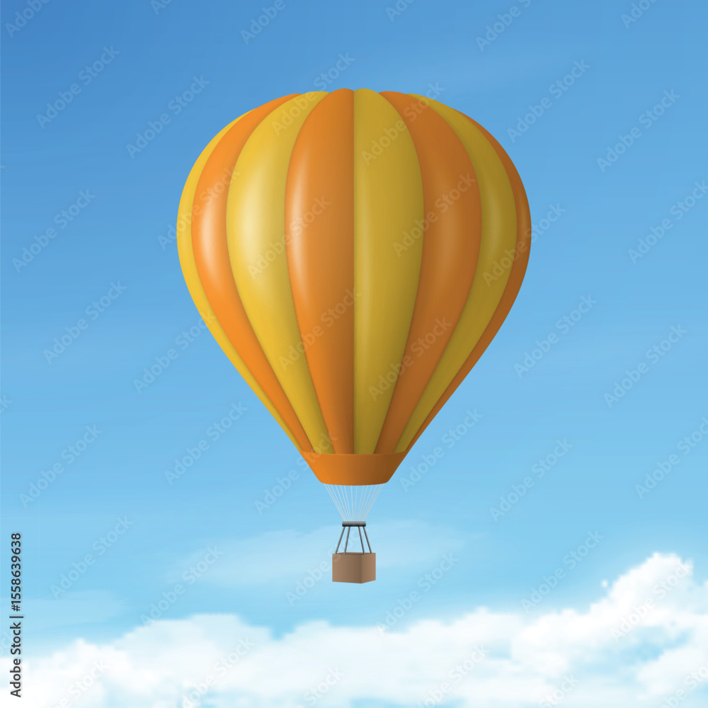 Fototapeta premium Vector Travel Banner with 3d Realistic Hot Air Balloon Icon on a Blue Sky Background. Design Template, Summer Vacation, Travelling, Tourism and Journey Concept
