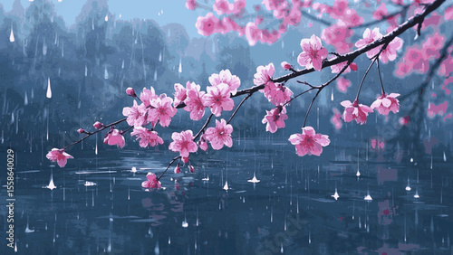 Pink Petals in Rain cherry blossom trees in the rain isolated watercolor vector illustration svg