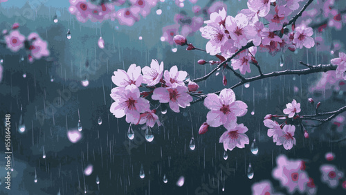 Blossom Rain Wash cherry blossom trees in the rain isolated watercolor vector illustration svg