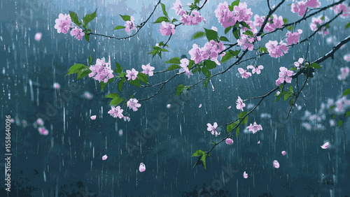 Rain-Swept Blossoms cherry blossom trees in the rain isolated watercolor vector illustration svg