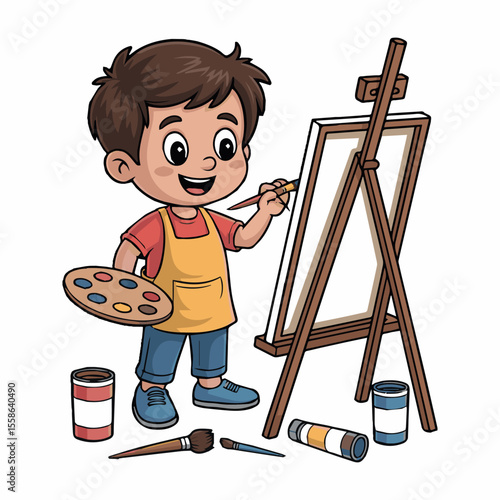 Illustration of young artist painting on canvas with easel and art supplies