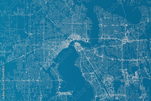 Map of the streets of Jacksonville (Florida, USA) made with white lines on blue background. 3d render, illustration