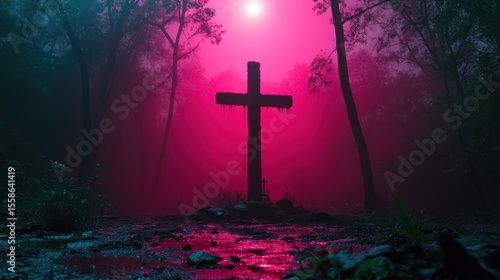 A large, dark wooden cross stands in a misty, vibrant pink and teal forest