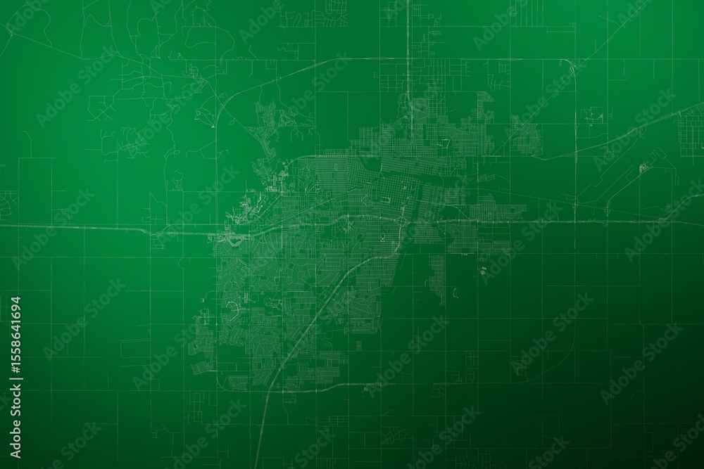 Fototapeta premium Map of the streets of Amarillo (Texas, USA) made with white lines on abstract green background lit by two lights. Top view. 3d render, illustration