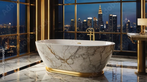A luxurious marble bathtub with a gold base overlooking a city skyline at dusk through large windows