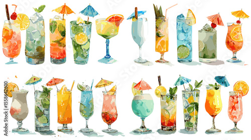 Colorful watercolor cocktail drinks with garnishes, fruits, and umbrellas in tropical glassware. Ideal for summer, party, or bar menu design.

