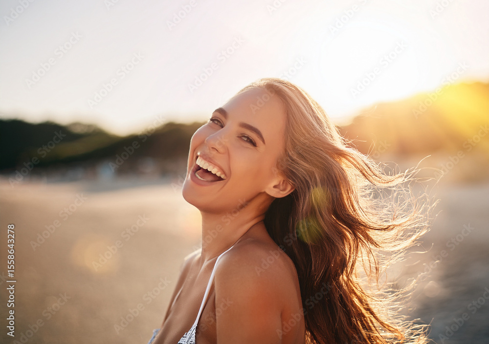 Naklejka premium Portrait of a cheerful young European woman in a swimsuit, laughing beautiful young girl, many positive emotions, warm light, summer day on the beach
