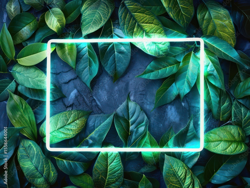 Fototapeta premium Arrangement Minimal nature concept. Creative layout made of green leaves with neon light frame wild forest jungle concept.