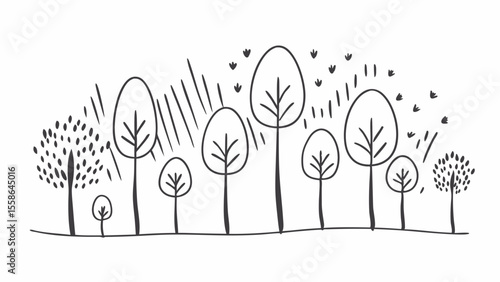 Hand-drawn minimalist forest illustration; charming, whimsical trees; simple, black line art; peaceful nature scene; idyllic woodland graphic.
