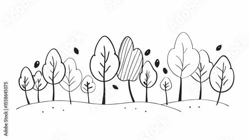 Hand-drawn whimsical tree line illustration; simple, black and white, autumnal mood.
