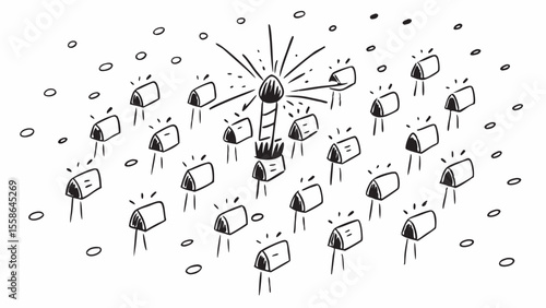 Hand-drawn illustration:  Numerous small houses surrounding a central firework, whimsical, playful style, celebrating community and unity.