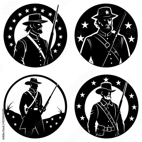 Four civil war soldier portraits in black and white with star borders in a circular design style image