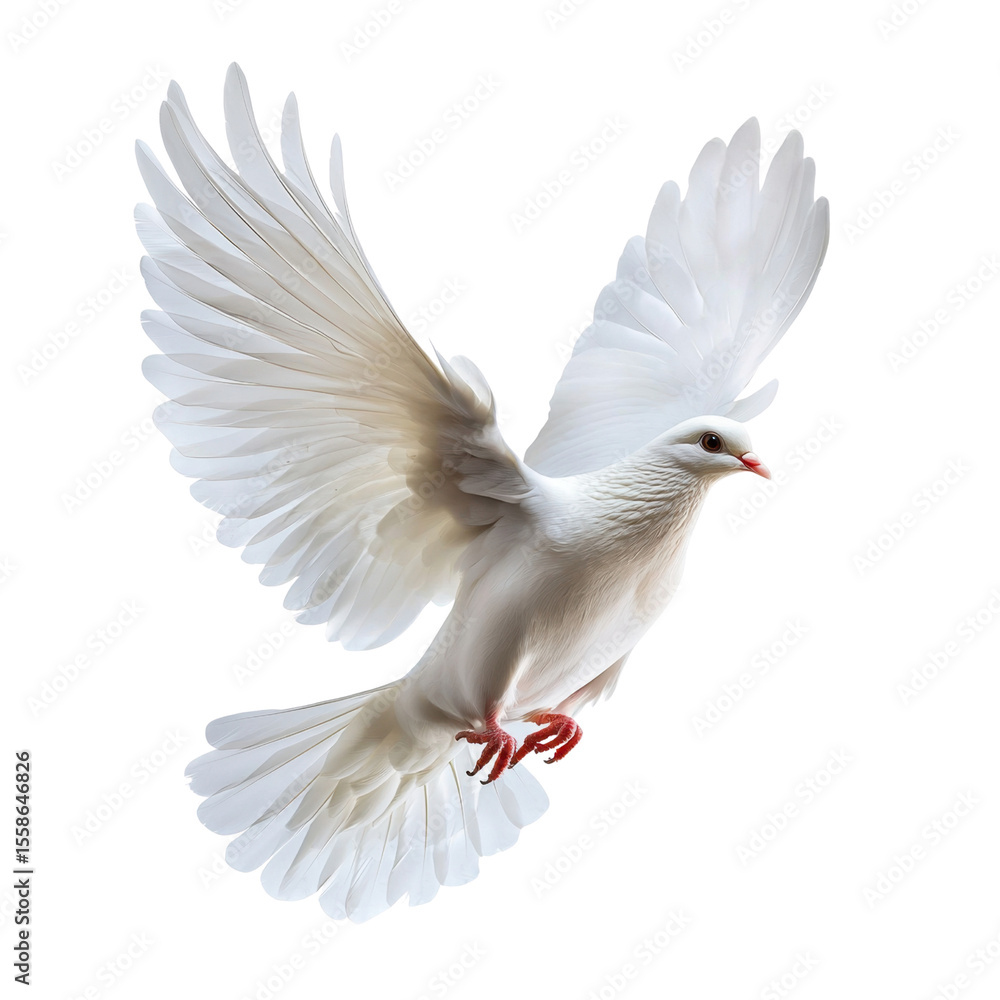 Fototapeta premium Graceful White Dove in Mid-Flight Showing Spread Wings Against a Clear Backgroundtransparent background transparent background