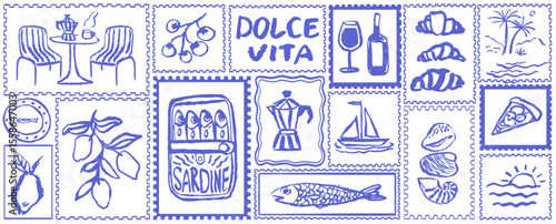 Italian style vacation hand drawn vector illustrations in grunge chalk or charcoal rough doodle sketch style. Summer vacation post stamps in frames for poster, placard or menus. Italy holiday postcard
