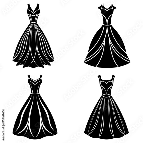 Four black silhouette dresses with varying necklines and skirt styles on a white background image