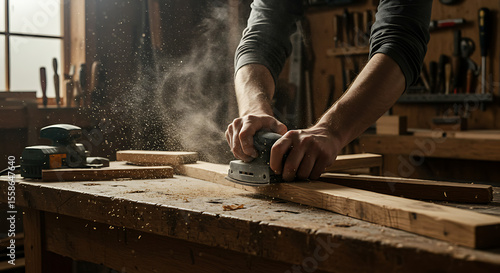 Carpenter Using Sander on Wooden Plank in Workshop.