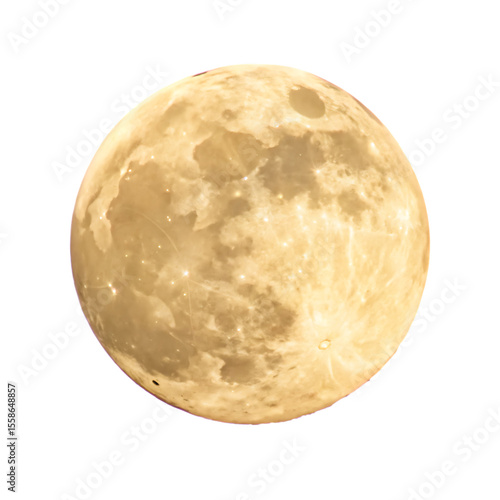 A beautiful and detailed full moon glowing brightly in the night sky isolated on a transparent background png
