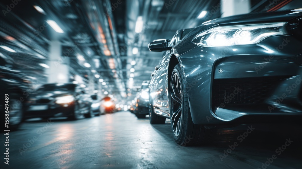 High-quality photo of modern car in Indoor full modern parking lot, blurry images of cars parked. High-quality photo of modern car in Indoor full modern parking lot, blurry images of cars parked.