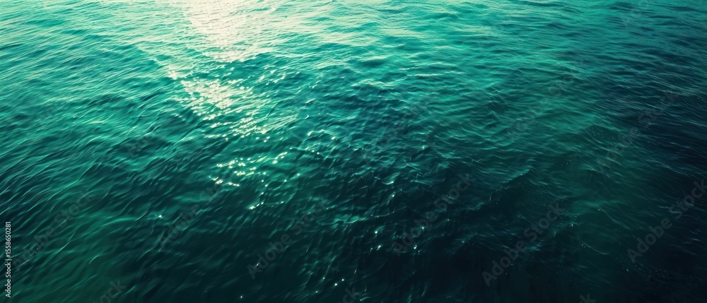 Naklejka premium Green water sea wave surface ripple mystery light reflection glow and gloss gradient turquoise deep clear and clean ocean horizontal.