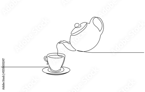 Teapot and tea cup vector one line continuous drawing illustration. Pouring drink. Teapot pouring tea to the cup in continuous one line drawing. Single line art draw of Teapot. Editable vector.