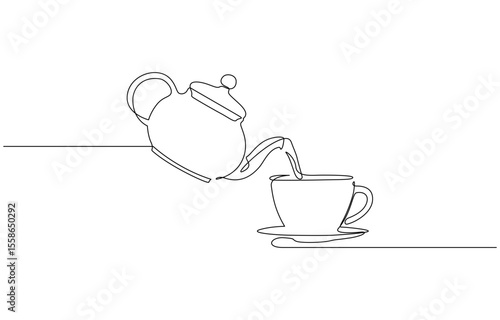 Teapot and tea cup vector one line continuous drawing illustration. Pouring drink. Teapot pouring tea to the cup in continuous one line drawing. Single line art draw of Teapot. Editable vector.