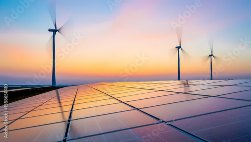 Sustainable Energy: Solar Panels and Wind Turbines at Sunset