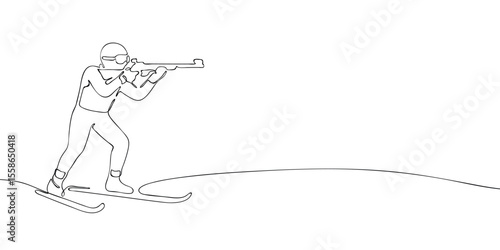 Continuous line art illustration of a biathlon athlete skiing and aiming a rifle, ideal for winter sports, Olympics, or Milan 2026 themes.