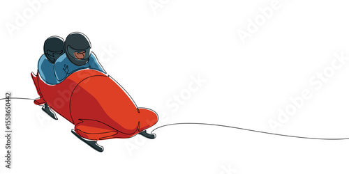 Minimalist color continuous line art of a bobsleigh team racing downhill, ideal for winter sports, Olympic events, or Milan Cortina 2026 themes.
