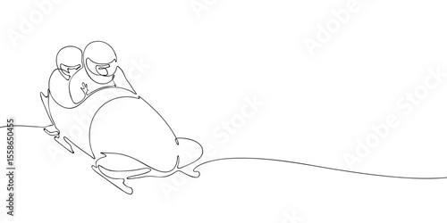 Black and white continuous line drawing of a bobsleigh team racing downhill, ideal for winter sports graphics, Olympic designs, or Milan 2026 themes.