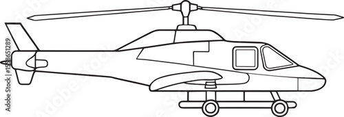 Detailed attacking helicopter illustration in black and white with rotor blades