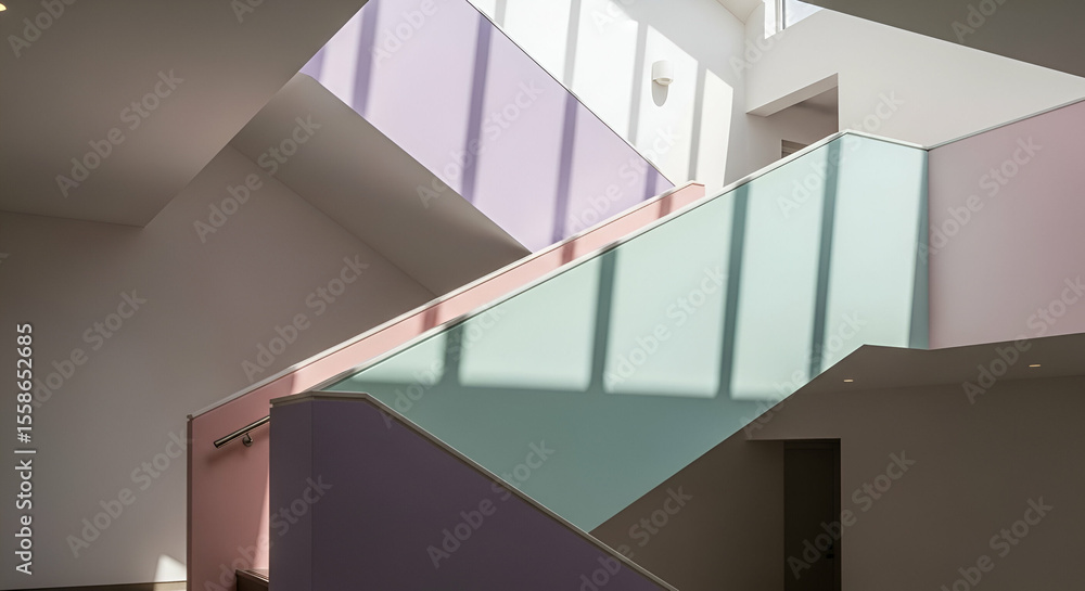 Obraz premium Modern architectural design featuring colorful stairs illuminated by natural sunlight, showcasing unique geometric shapes and minimalist style elements