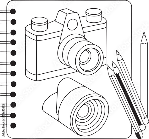 A collection of creative camera drawing pencils notebook and illustration for artists