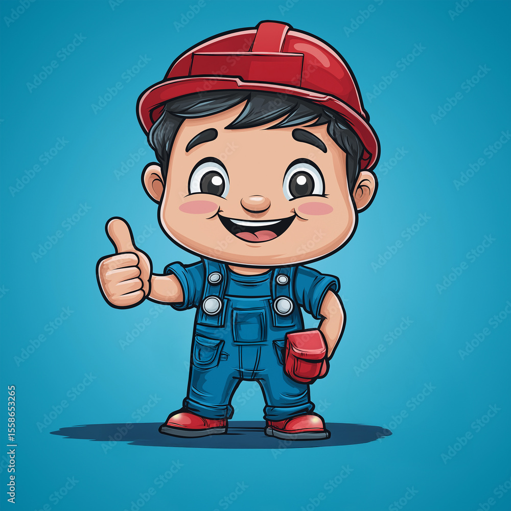 Fototapeta premium A cartoon plumber with tool belt and wrench, giving thumbs up with a water droplet mascot generative ai