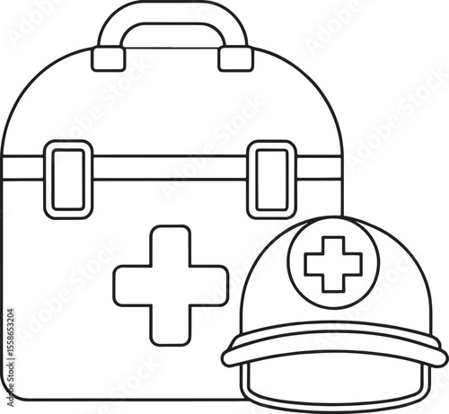 Collection of firstaid hardhat and medical safety equipment for worker protection outline drawing