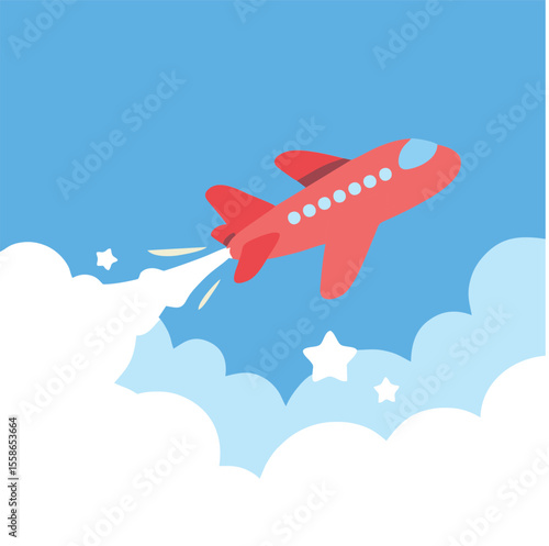 Red airplane flying in blue sky with clouds vector illustration for travel aviation or holiday concept