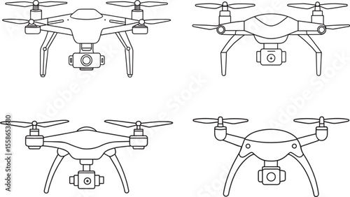 Outlined drone illustrations showcasing aerial technology in flight
