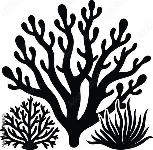 coral seaweed silhouette, underwater plant vector, abstract marine design