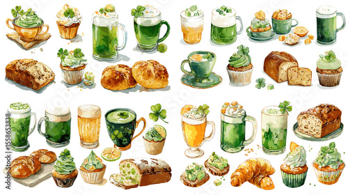St. Patrick’s Day green-themed drinks and pastries in watercolor style including beer, latte, cupcakes, and bread in festive presentation.

