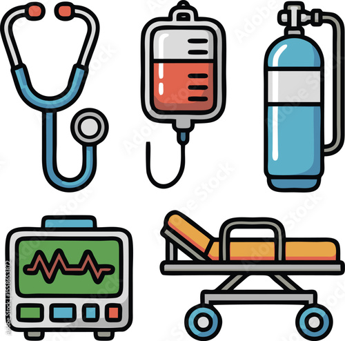 Medical equipment vector icons with stethoscope injection drip oxygen tank and stretcher in healthcare design